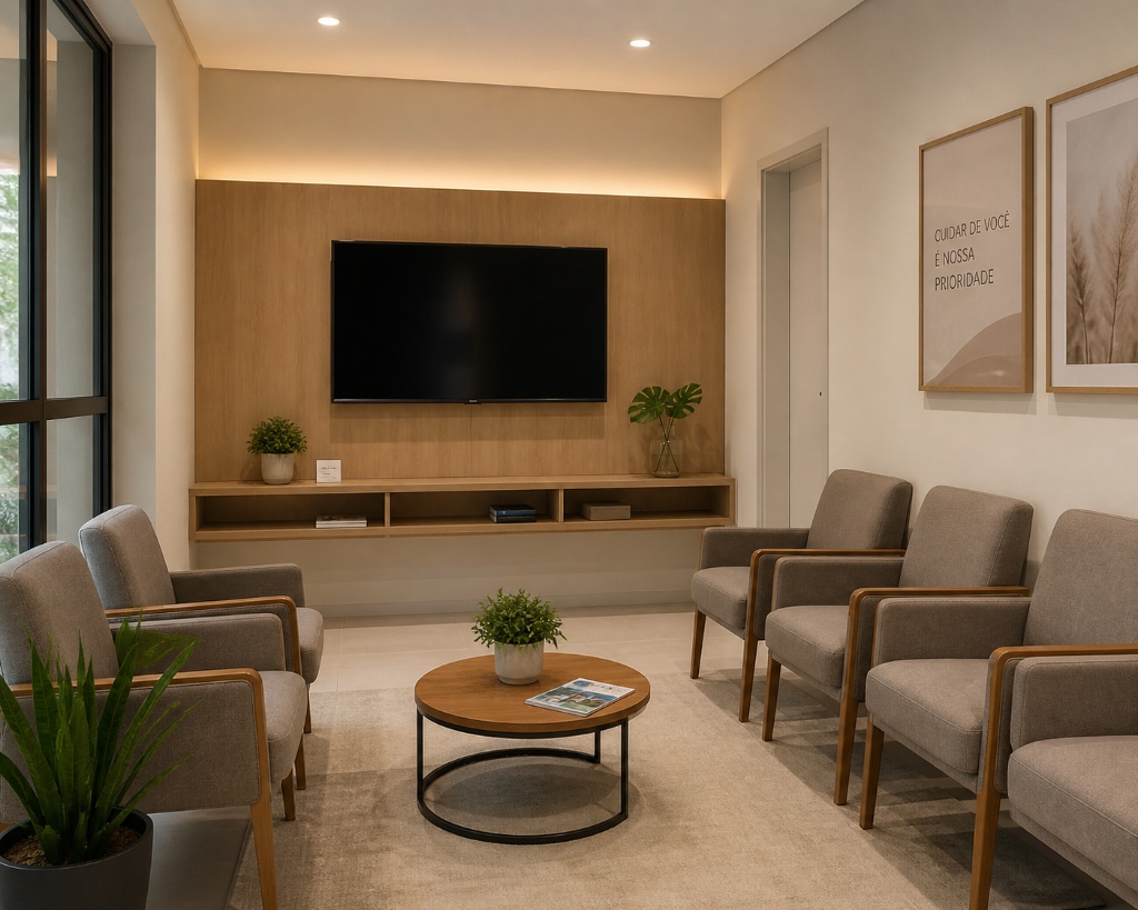 Sala de espera moderna com tela de TV
